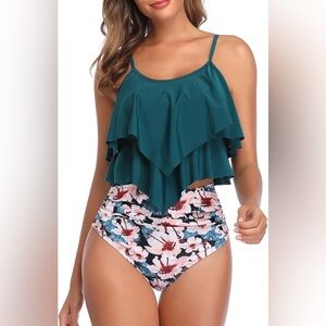 Teal Ruffle Two-Piece High-Waist Swim Set